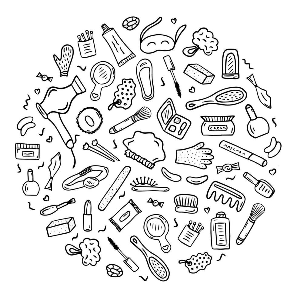 Hand drawn Make up Cosmetics doodle elements. Round vector illustration on a white background. Best using for beauty salon and self care