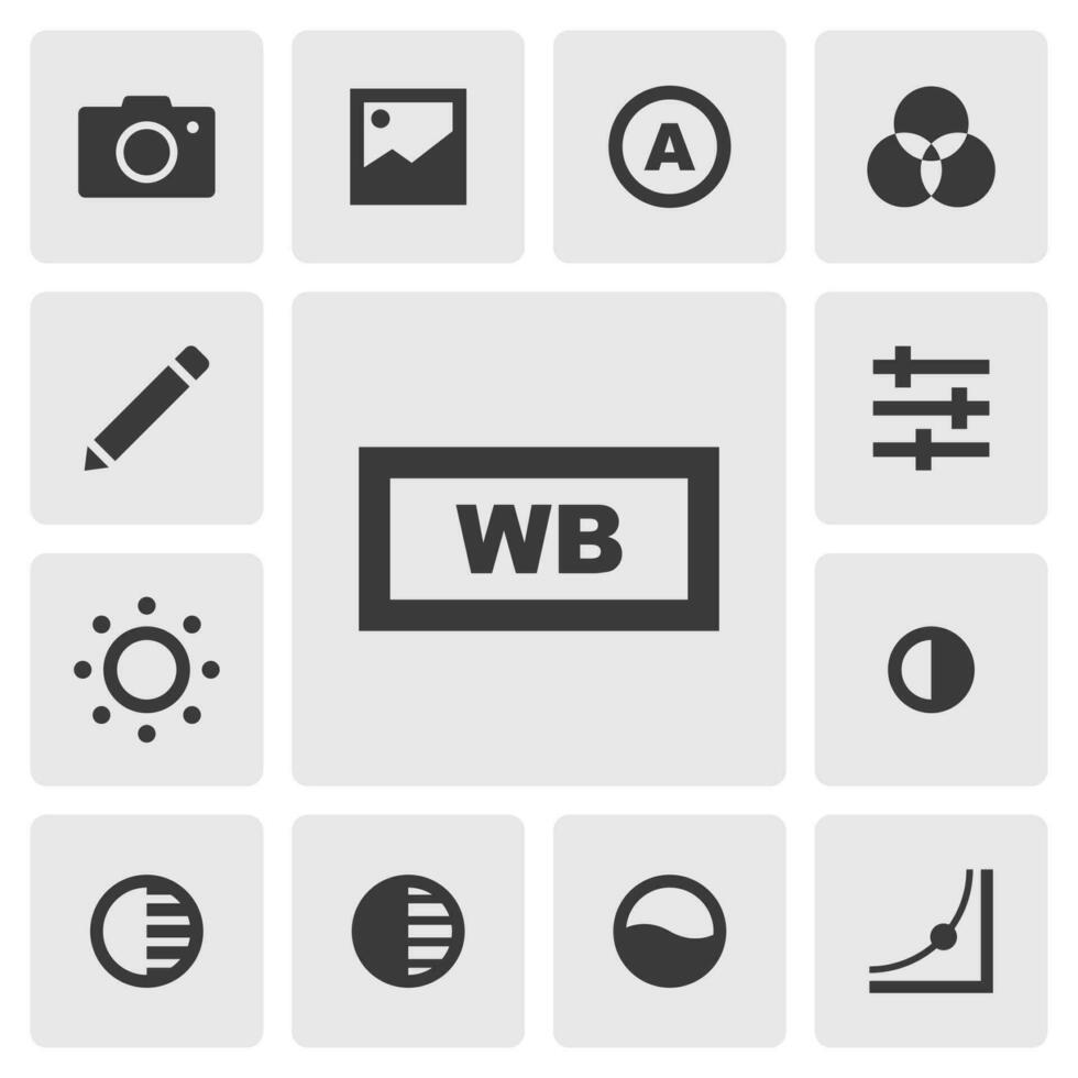 White balance icon vector design. Simple set of photo editor app icons silhouette, solid black icon. Phone application icons concept. Color, brightness, contrast, white, shadow, saturation buttons