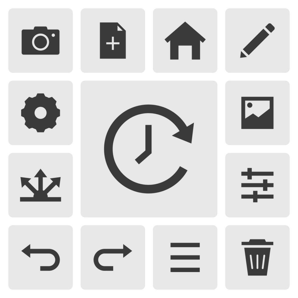 reciente archivos icono vector diseño. sencillo conjunto de teléfono inteligente aplicación íconos silueta, sólido negro icono. teléfono solicitud íconos concepto. reciente, nuevo archivos, hogar, editar, configuración, compartir, menú íconos botones