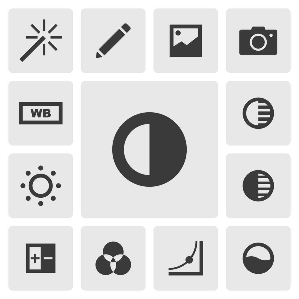 Contrast icon vector design. Simple set of photo editor app icons silhouette, solid black icon. Phone application icons concept. Brightness, contrast, adjust, filter, highlight, shadow icon set