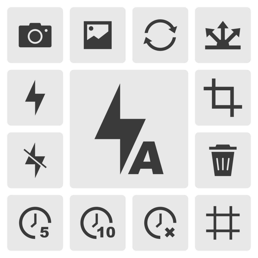 Flash auto icon vector design. Simple set of smartphone camera app icons silhouette, solid black icon. Phone application icons concept. Flash on, off, flash auto, timer, switch camera icons buttons