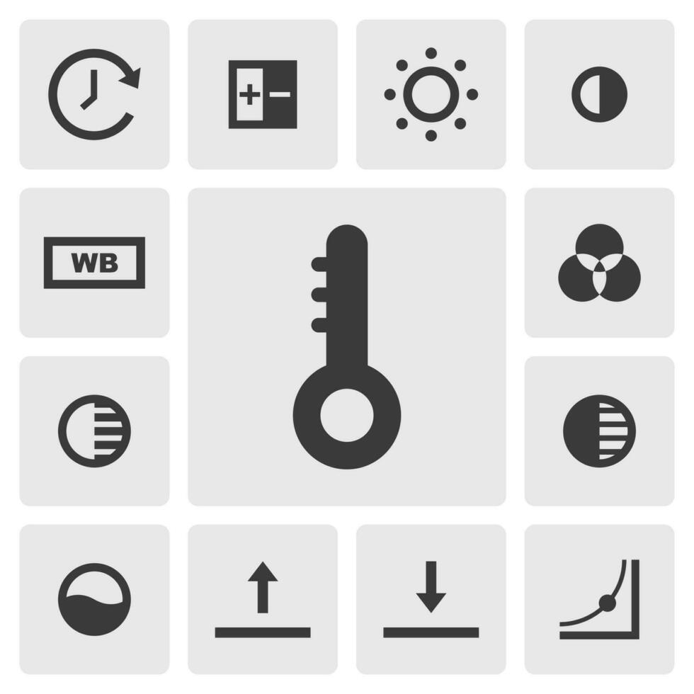 Temperature icon vector design. Simple set of photo editor app icons silhouette, solid black icon. Phone application icons concept. Thermometer, exposure, brightness, contrast, white balance buttons
