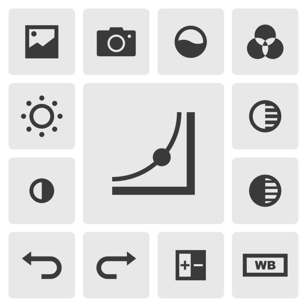 Curve icon vector design. Simple set of photo editor app icons silhouette, solid black icon. Phone application icons concept. Photo gallery, camera, saturation, brightness, contrast icons buttons