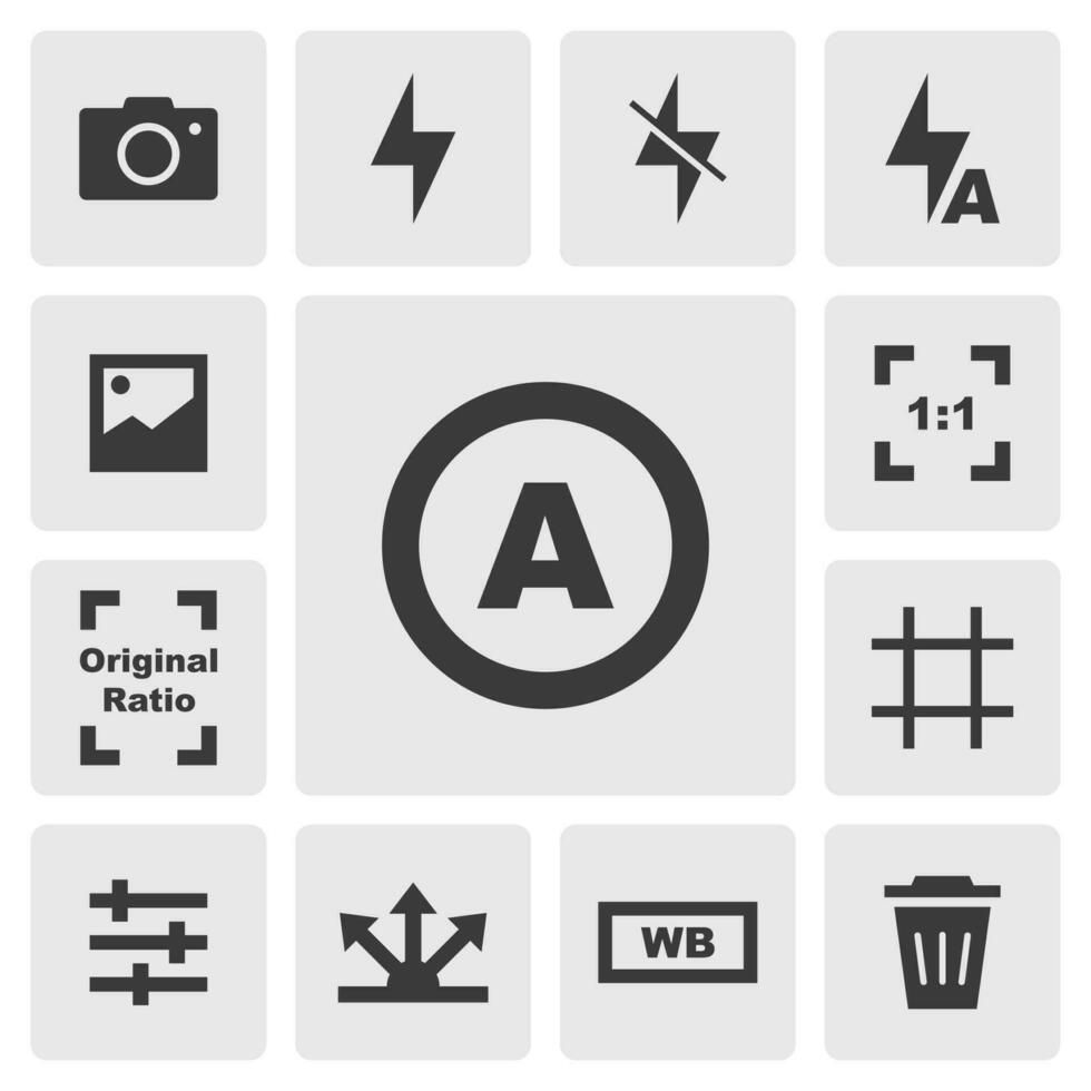 Auto icon vector design. Simple set of smartphone camera app icons silhouette, solid black icon. Phone application icons concept. Auto, flash, timer, grid, share, white balance icons. Camera buttons