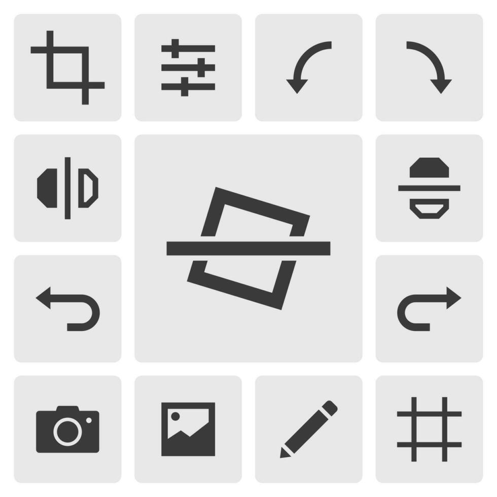 Tilt image icon vector design. Simple set of photo editor app icons silhouette, solid black icon. Phone application icons concept. Crop, filter, adjust, rotate, flip, grid, gallery, camera, undo, redo