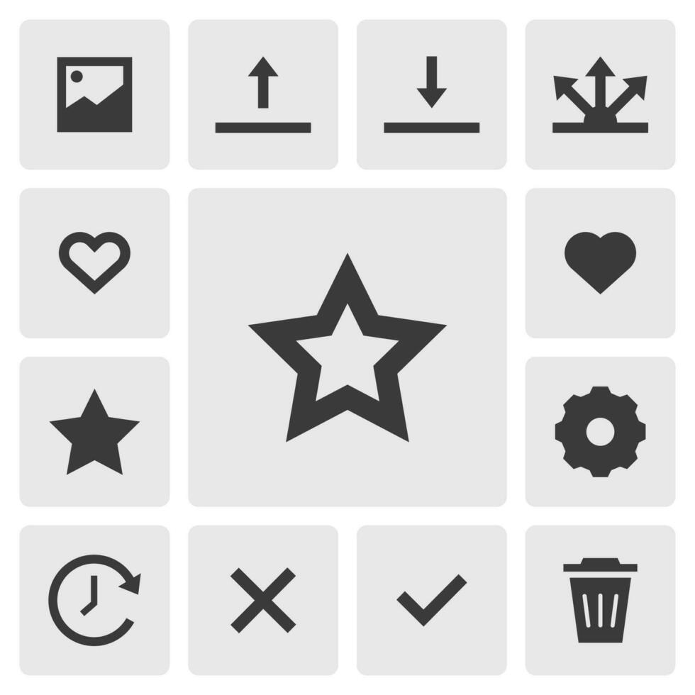 Favorite icon vector design. Simple set of smartphone app icons silhouette, solid black icon. Phone application icons concept. Favorite star, heart, gallery, share, setting, delete icons buttons