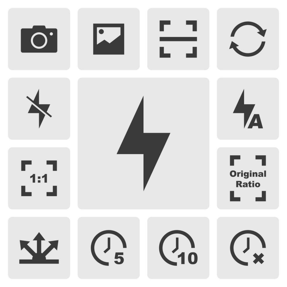 Flash icon vector design. Simple set of smartphone camera app icons silhouette, solid black icon. Phone application icons concept. Flash on, flash off, flash auto, timer, switch camera icons buttons
