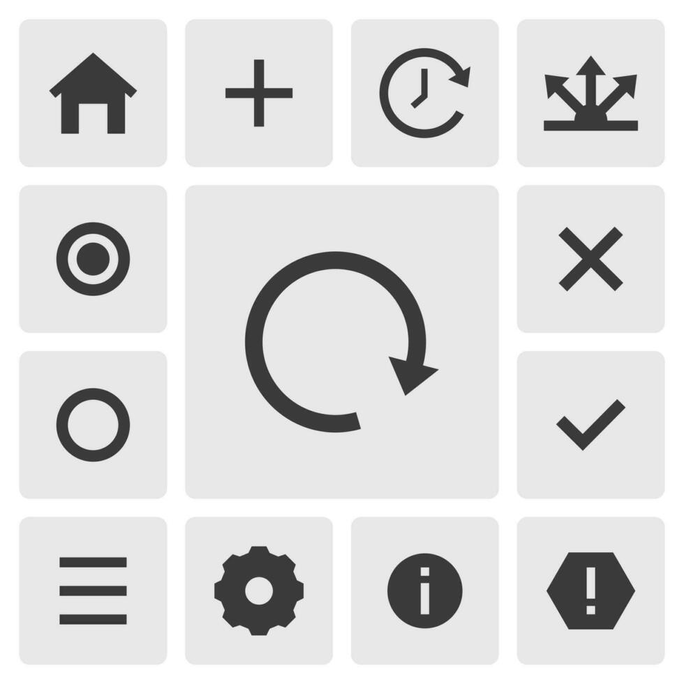 Refresh icon vector design. Simple set of smartphone app icons silhouette, solid black icon. Phone application icons concept. Refresh, reload, home, add, recent, share, menu, setting icons buttons
