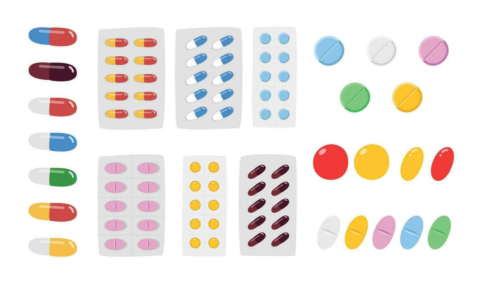 médico pastillas clipart dibujos animados estilo. tipos de medicina píldora plano vector ilustración mano dibujado garabatear estilo. cápsula, tableta, suave píldora. droga, vitamina, antibiótico. hospital y médico concepto