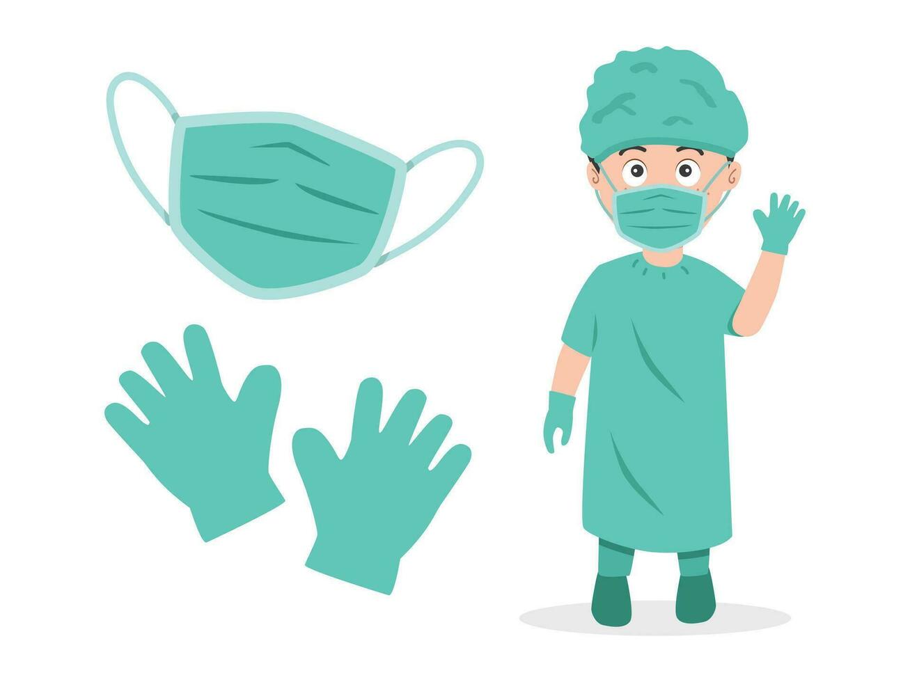Surgical uniform clipart cartoon style. Surgeon with surgical mask and surgical gloves flat vector illustration hand drawn doodle style. Hospital and medical concept