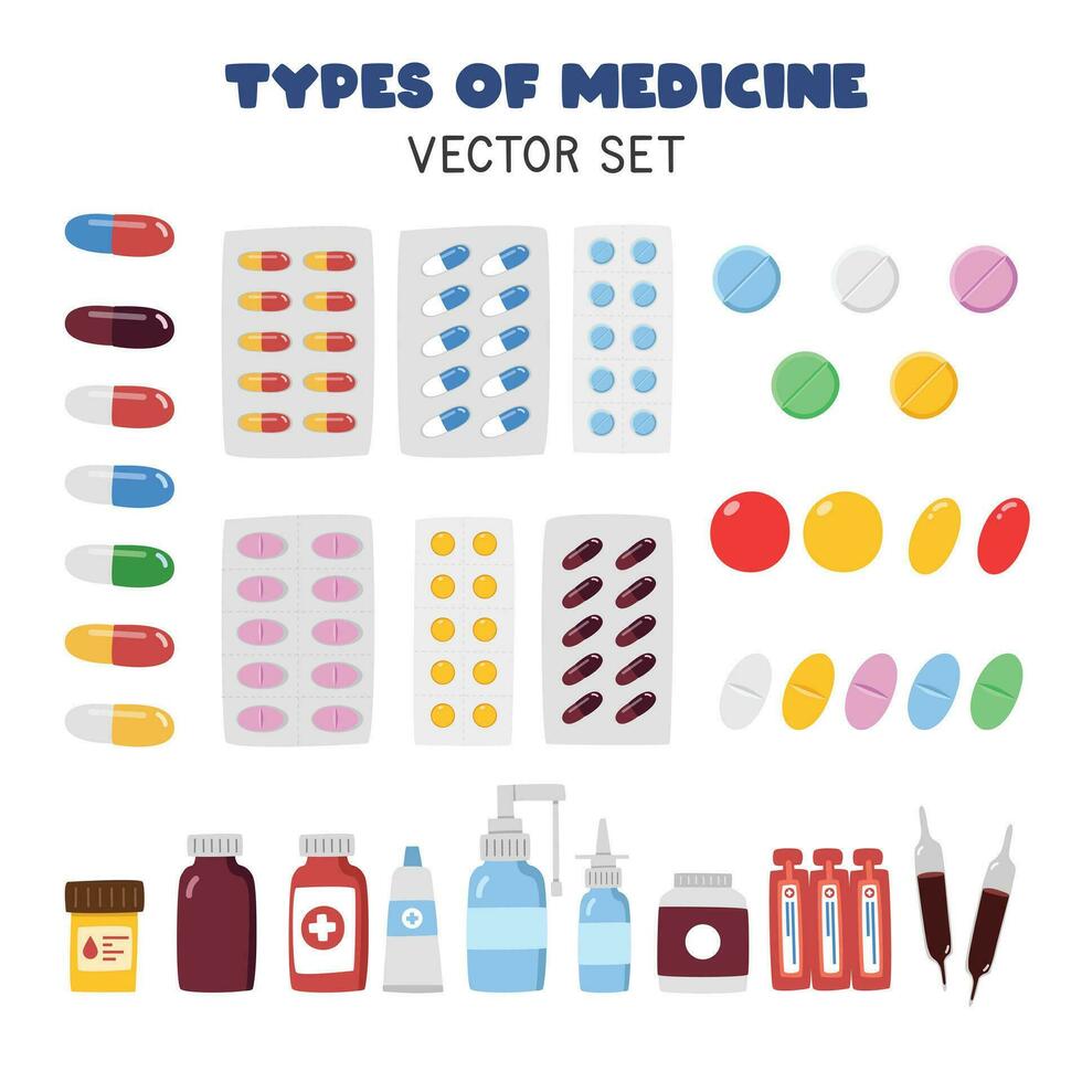 Medicine flat vector set. Different types of medicines clipart cartoon style. Pills, capsules, bottles, tablets, sprays. Medical drug, vitamin, antibiotic. Pharmacy, hospital and medical concept