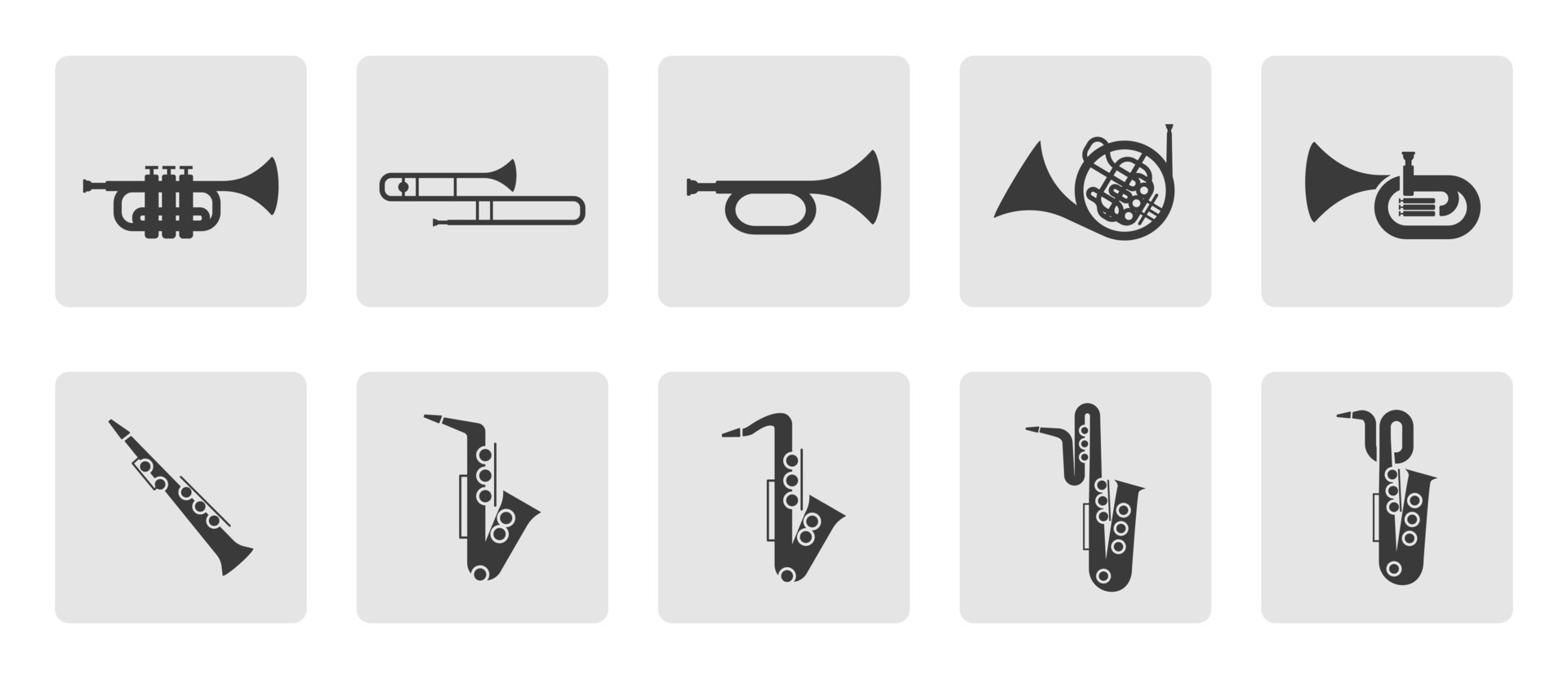 Brass instruments icon set. Trumpet, trombone, tuba, bugle, saxophone, French horn silhouette