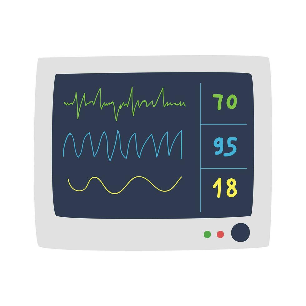 Patient heartbeat clipart cartoon style. Health care monitoring equipment flat vector illustration hand drawn doodle style. Multi parameter medical monitor. Hospital and medical concept