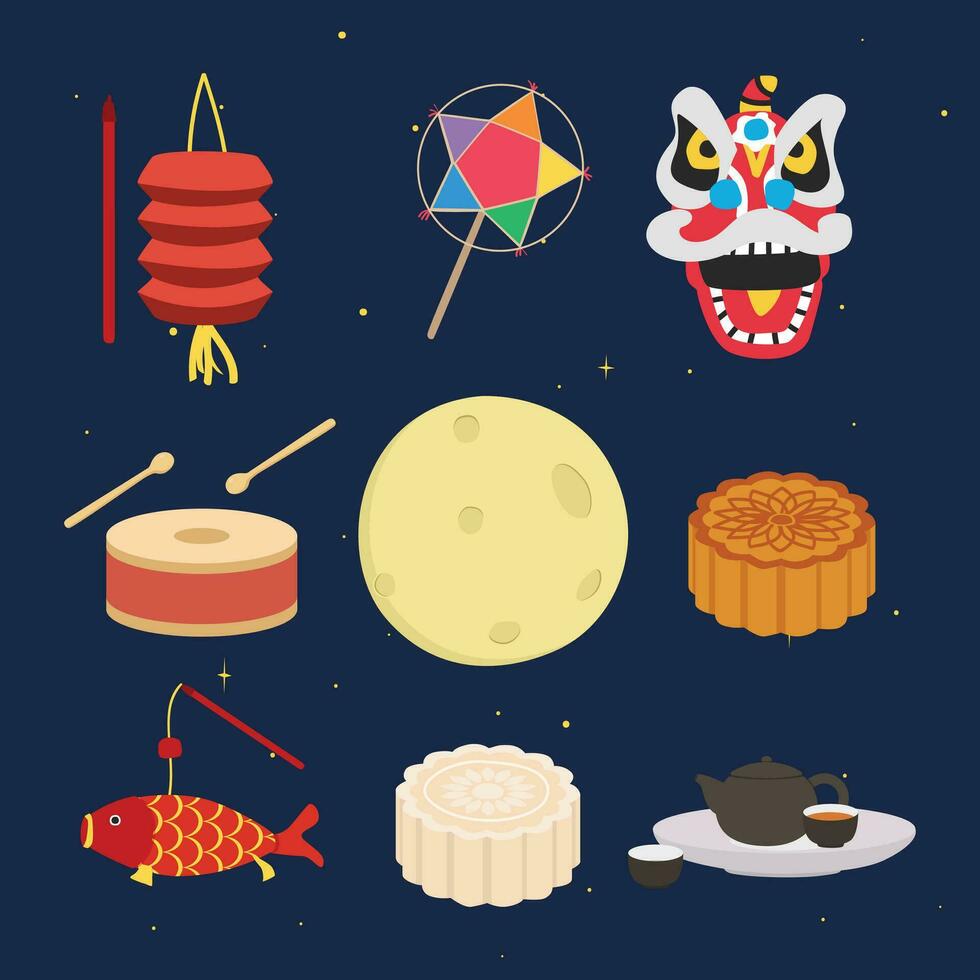 Mid Autumn Festival or Moon Festival vector set. Lantern, lion dance, drum, full moon, moon cake, tea set cartoon clipart, flat design
