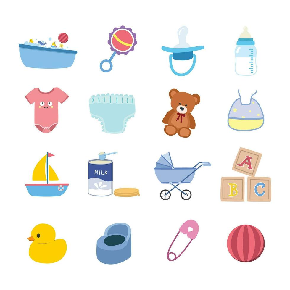 Baby shower vector set. Bathtub, rattle, pacifier, baby bottle, diaper, toys, carriage, milk formula, potty, safety pin clipart cartoon style, flat design