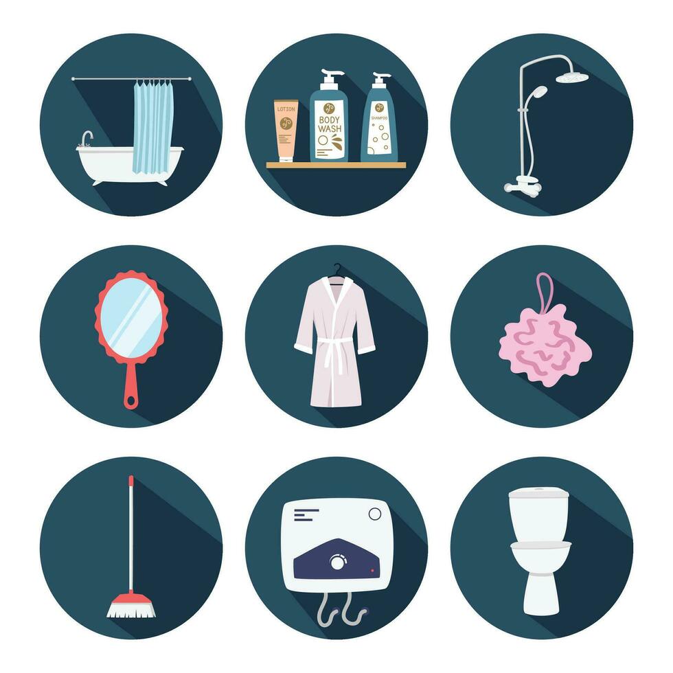 Vector set of Bathroom flat icons with long shadows. Bathtub, lotion, shampoo, shower, mirror, bathrobe, water heater, toilet flat illustration. Bathroom, toilet, personal hygiene concept