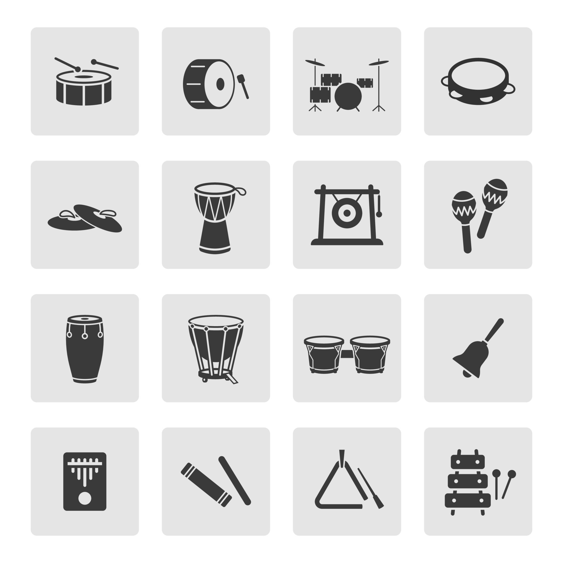 Percussion instruments icon set. Drum, cymbals, maracas, bongo, conga, xylophone, timpani