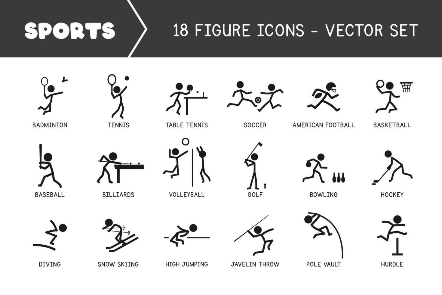 Sports icon pictogram vector set. Stick figure men sport players vector icon sign symbol pictogram. Badminton, tennis, soccer, basketball, baseball, golf, volleyball, hockey, snow skiing, pole vault