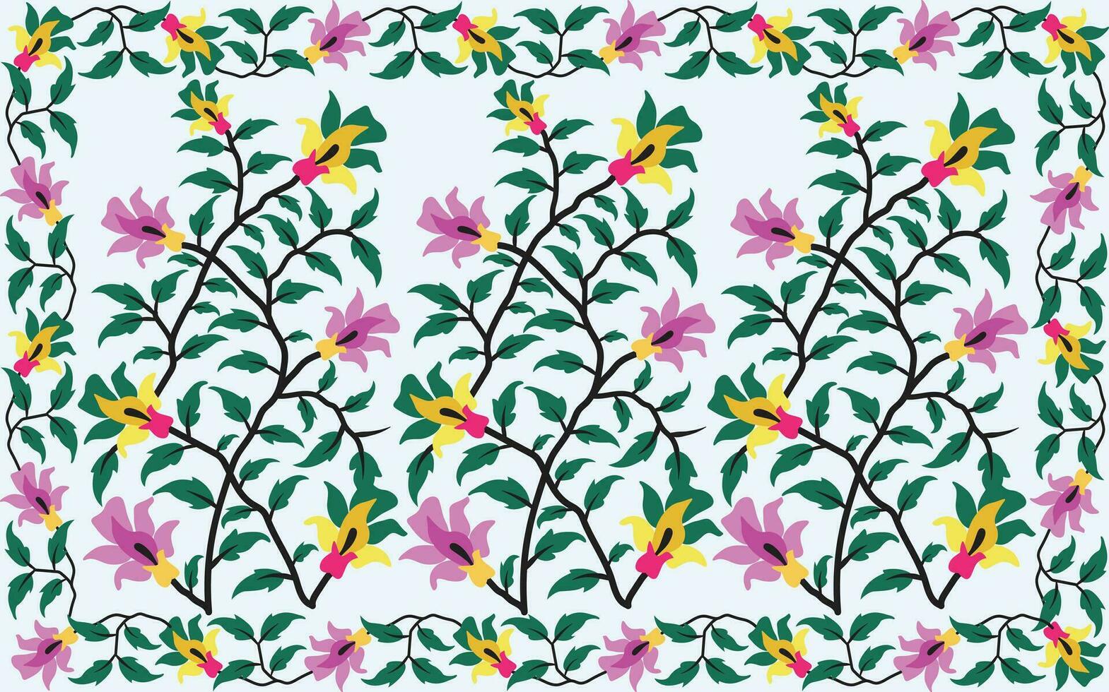 Vector illustration of a seamless floral pattern with tantuja textile print design. Flower leaves, floral bouquets, drawing illustration