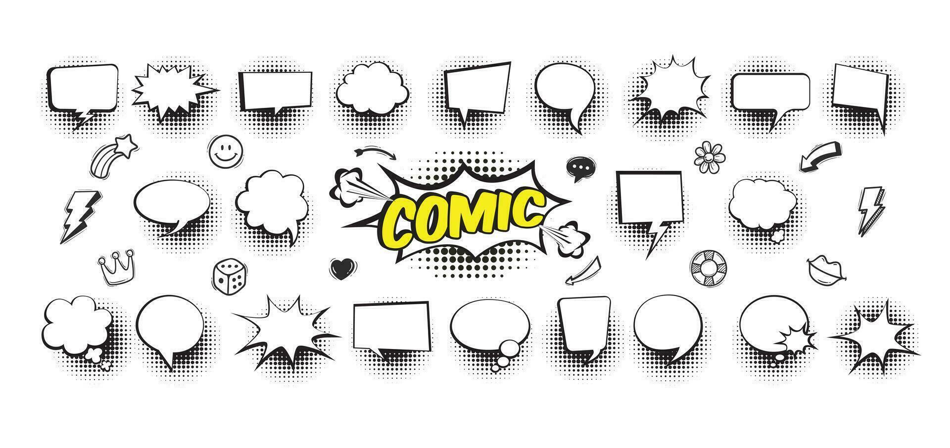 Cartoon empty retro comic style speech bubbles set with black halftone shadows. Hand drawn pop art, vintage speech clouds, thinking bubbles, and conversation text elements. Vector illustration