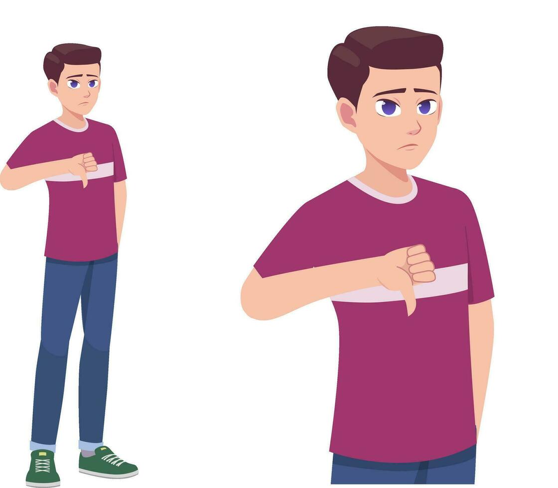 Men or Boy Thumbs Down Dislike and Disappointed Expression Pose Cartoon Illustration vector