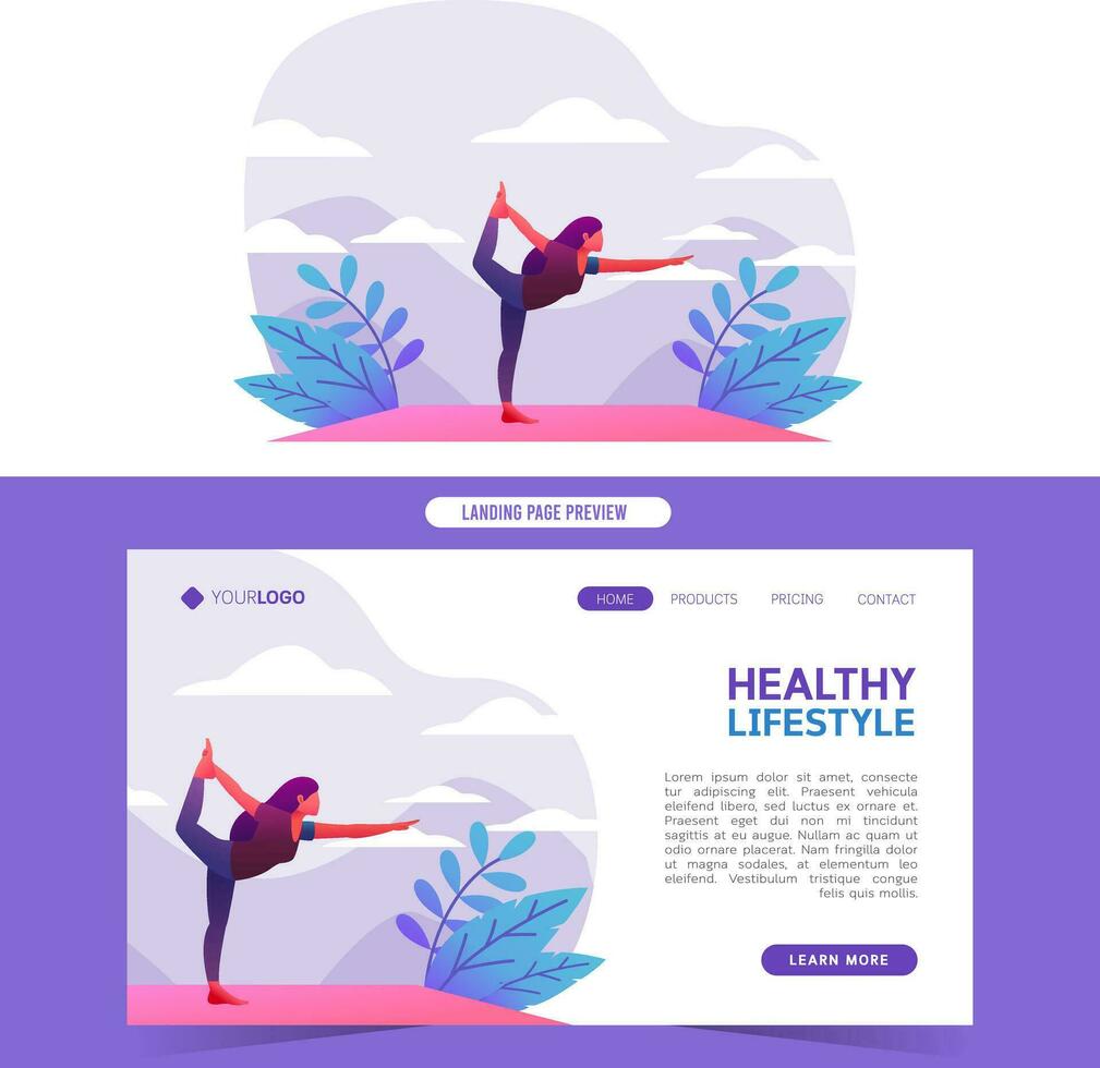 joven mujer haciendo yoga en naturaleza para web aterrizaje página y bandera vector