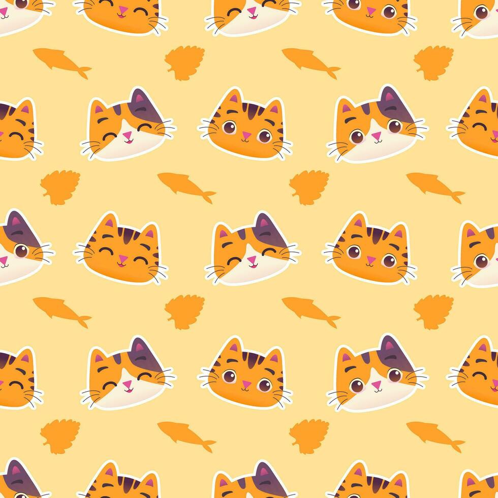 Cute colorful cat kitten with fish and catnip seamless pattern illustration vector