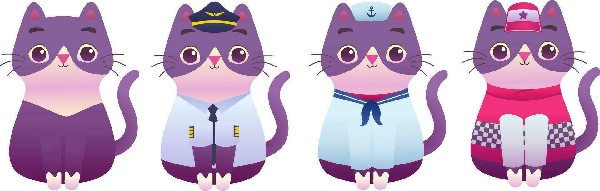 linda adorable gatito gato profesional trabajador mascota moderno plano ilustración personaje - piloto, marinero, corredor, mecánico vector