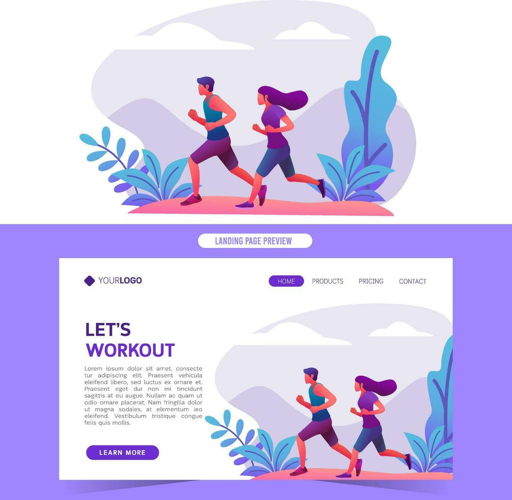 Man and woman jogging running healthy exercising in the park vector illustration for web site home landing page and banner