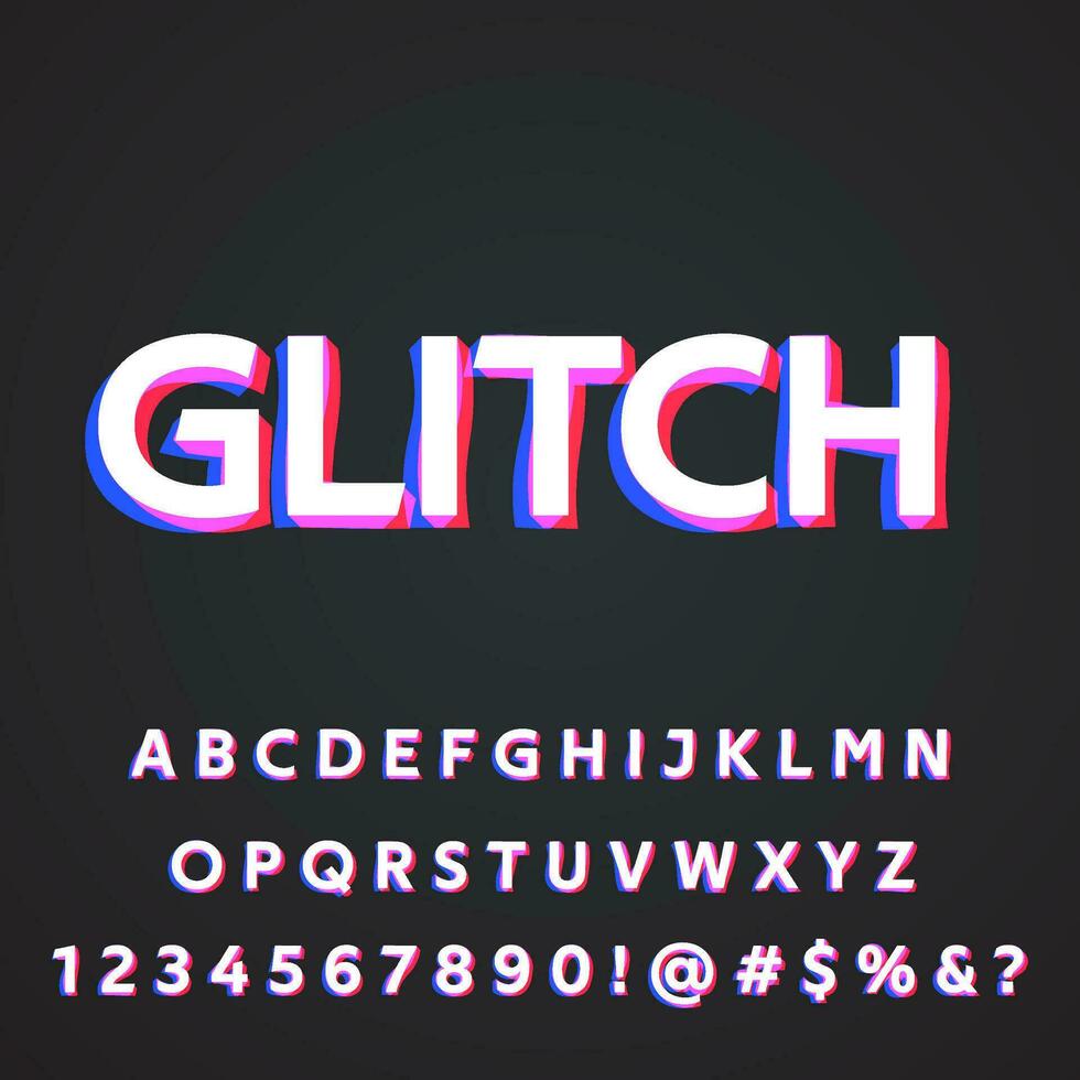 Glitch digital noise distortion modern cool effect text font collection typeface alphabet letters, numbers and symbols vector