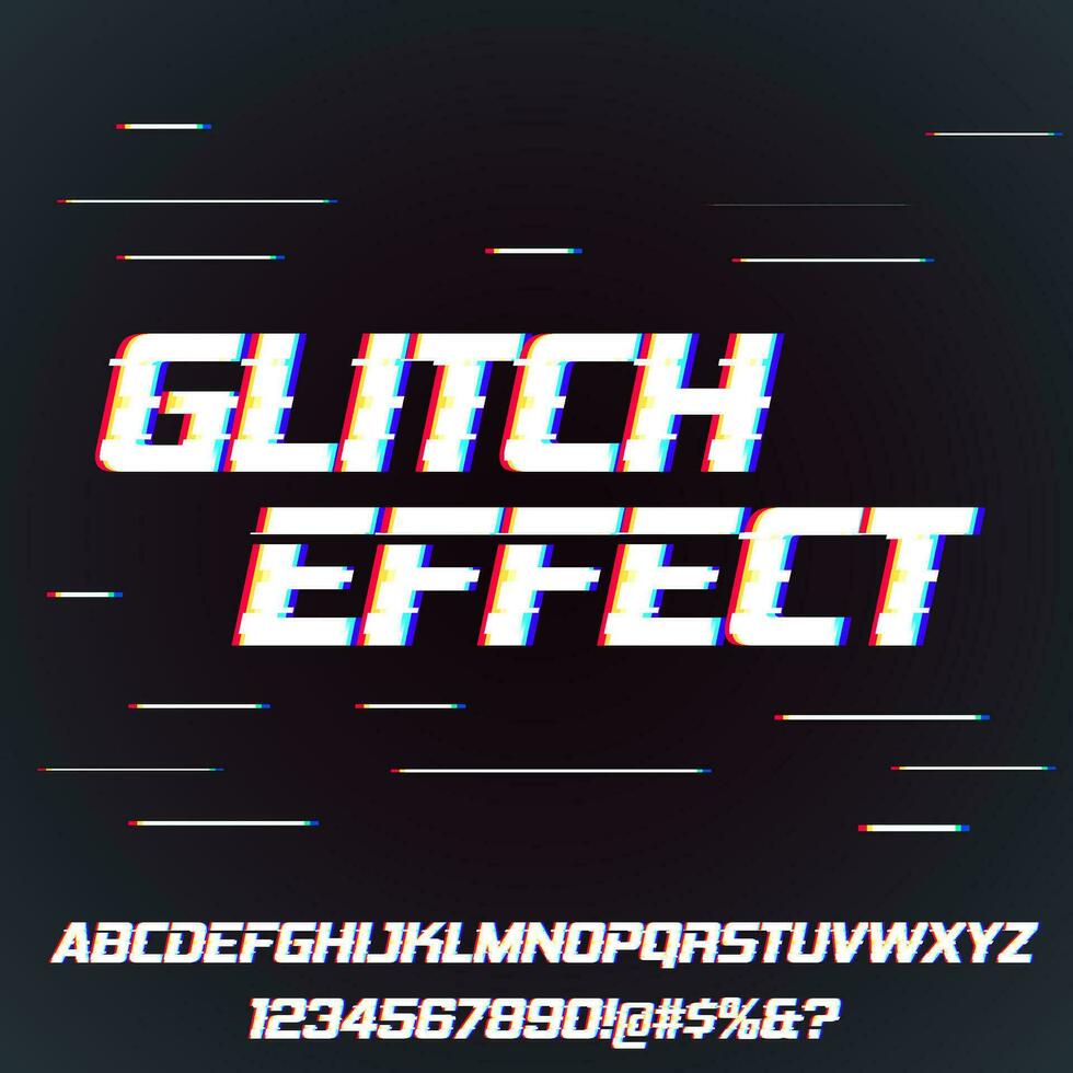 Glitch digital noise distortion modern cool effect text font collection typeface alphabet letters, numbers and symbols vector