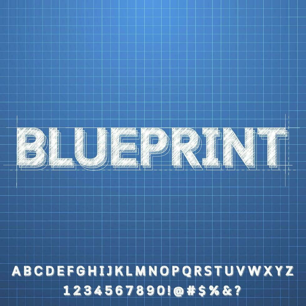 Plano áspero bosquejo azul antecedentes con blanco texto efecto alfabeto letra fuente colección conjunto vector