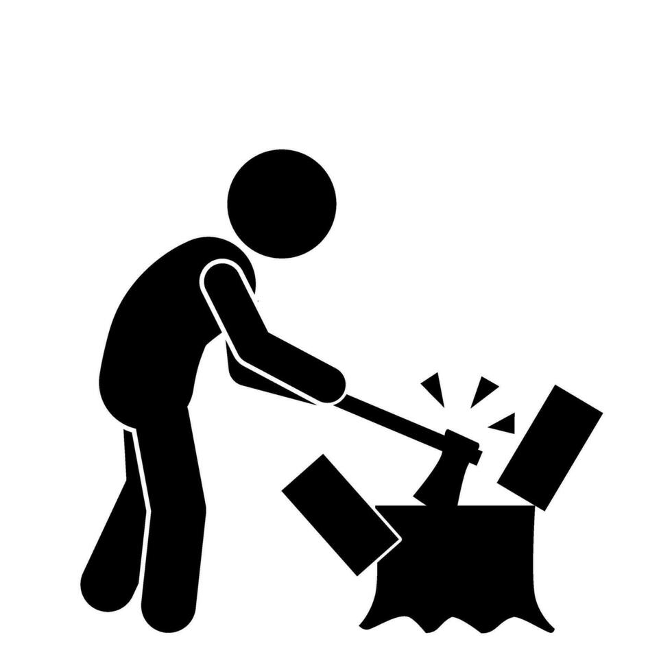 icon and illustration of a stick figure chopping wood with an axe.splitting wood vector