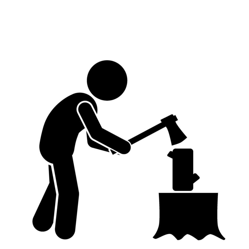 icon and illustration of a stick figure chopping wood with an axe.splitting wood vector