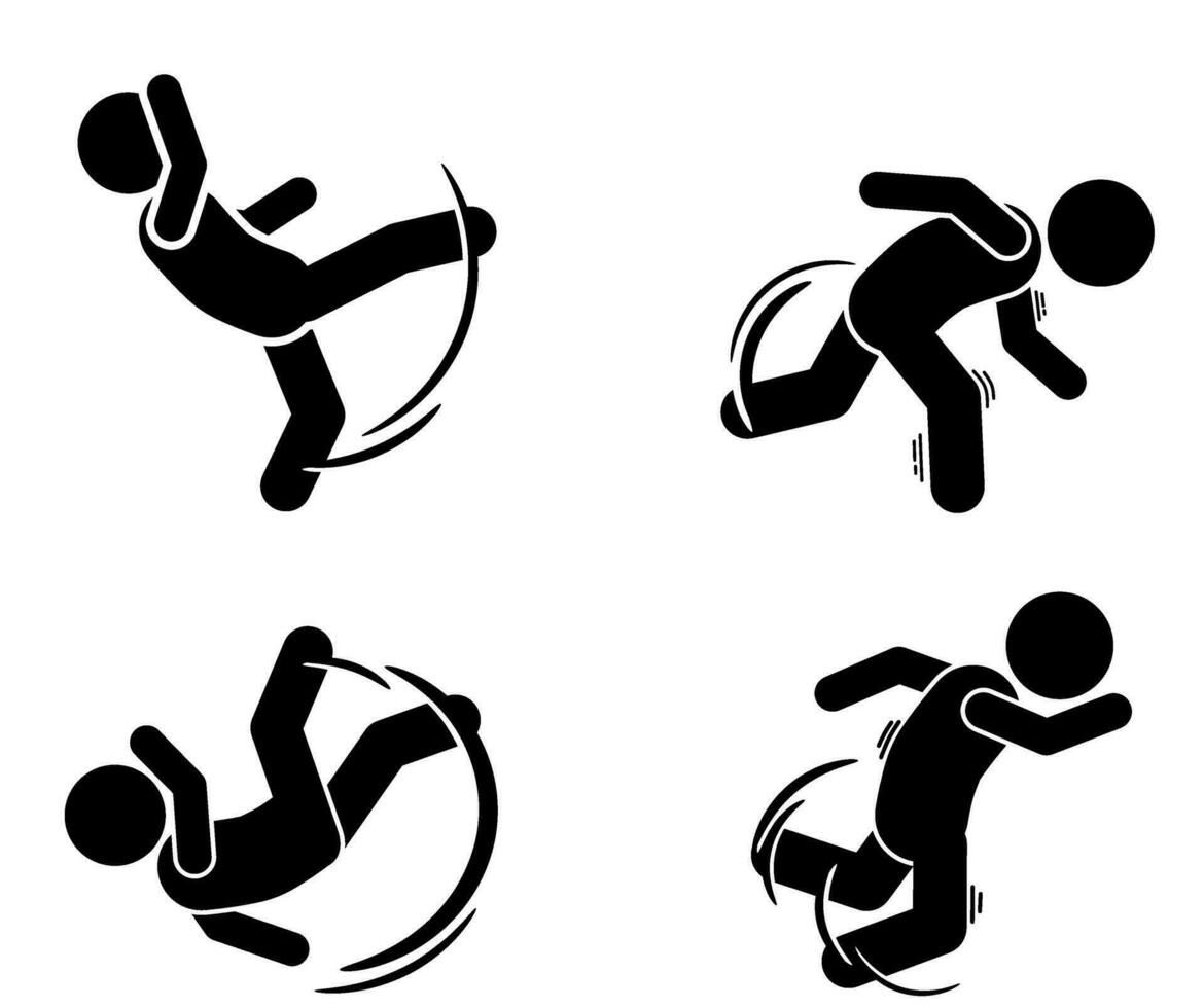 Slippery floor causes stick figure to slip and fall. vector