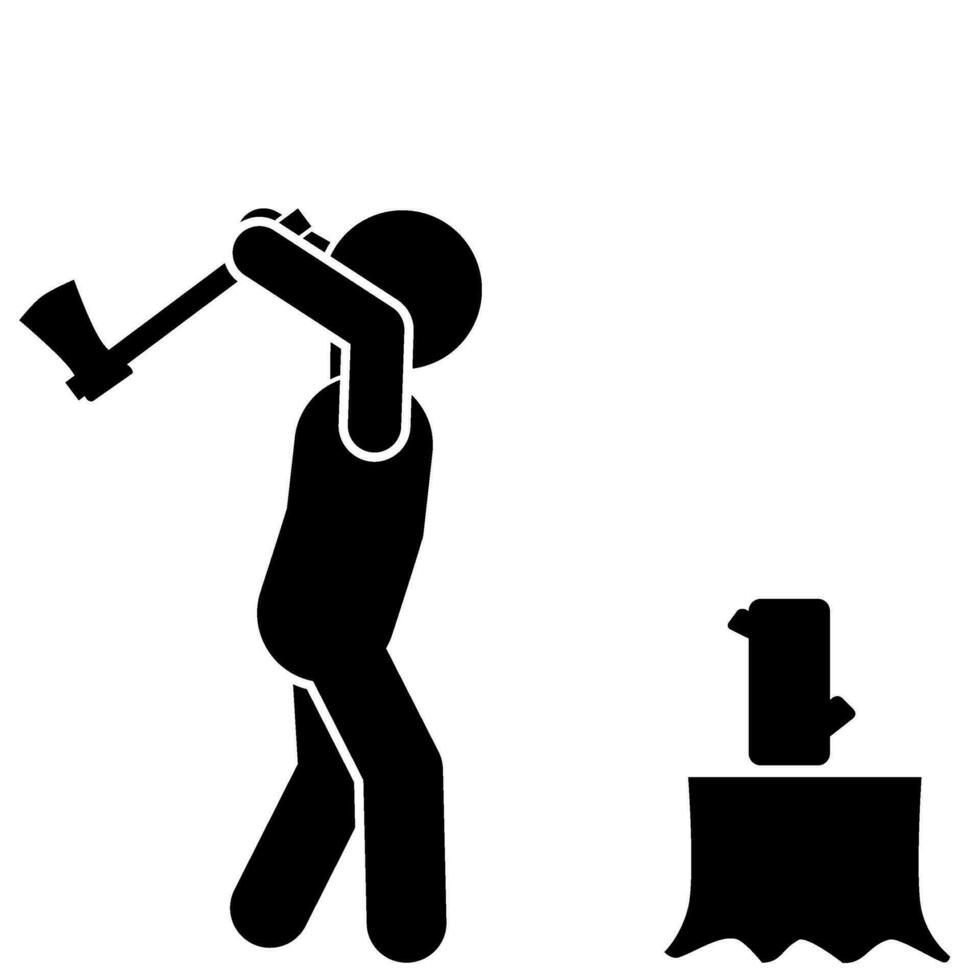 icon and illustration of a stick figure chopping wood with an axe.splitting wood vector