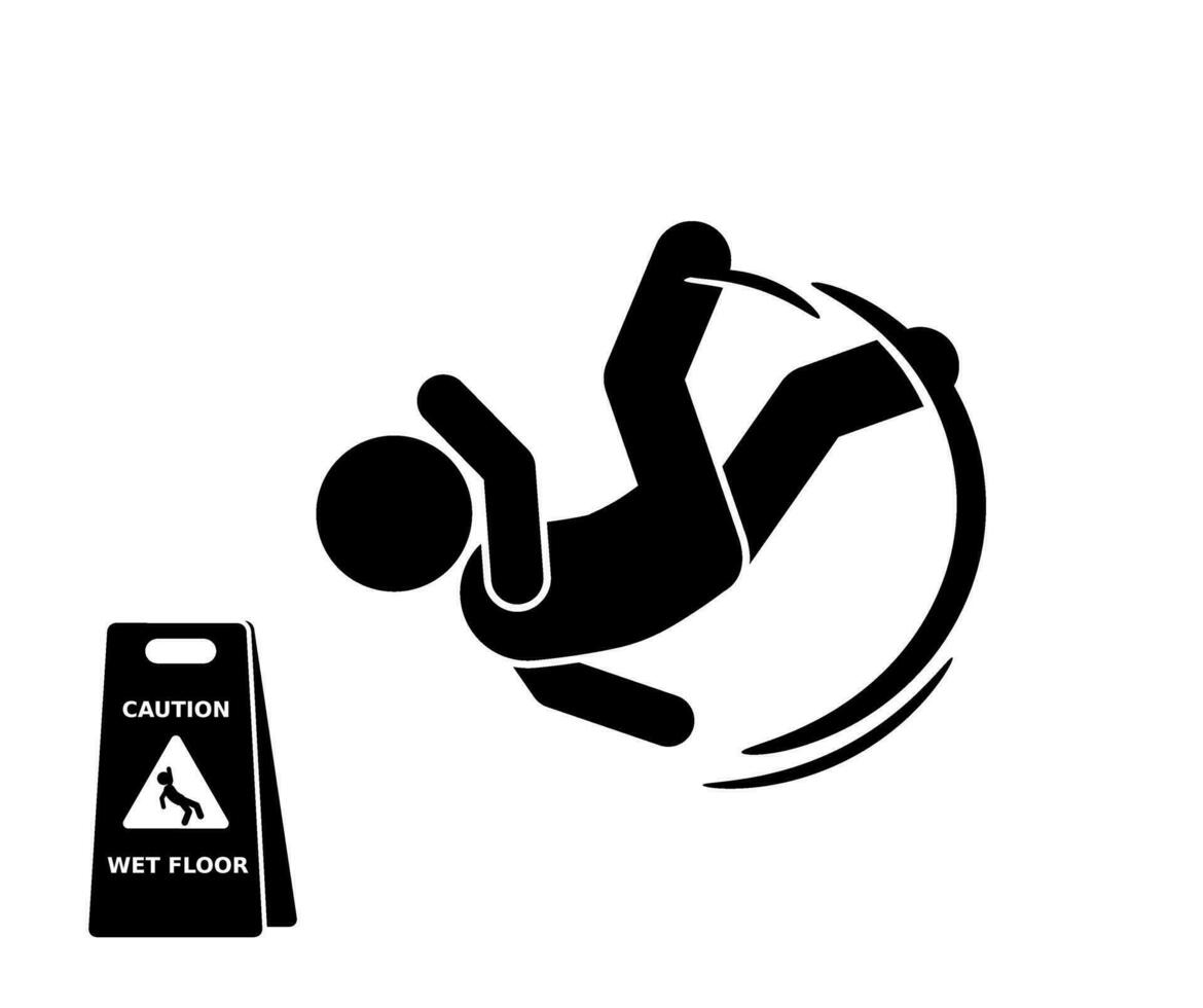 Slippery floor causes stick figure to slip and fall. vector