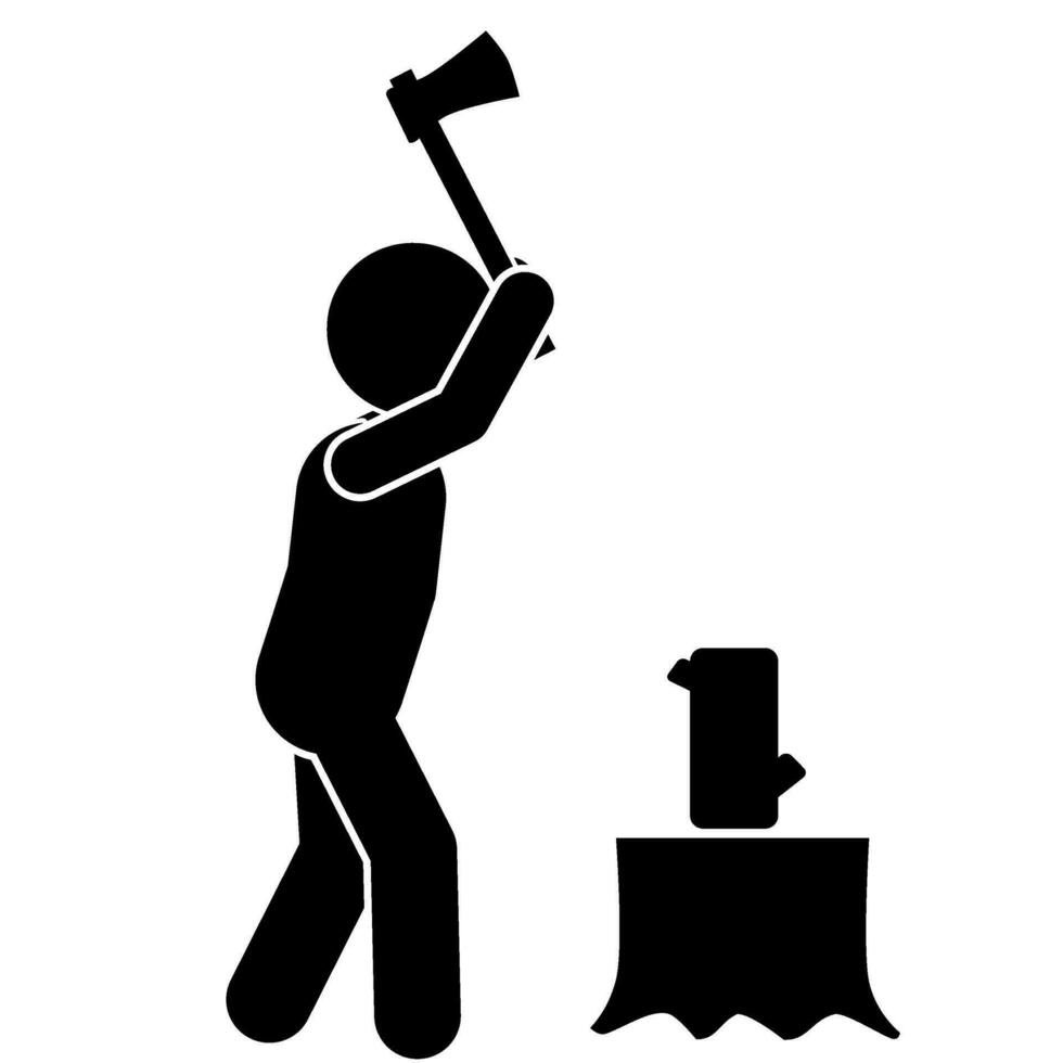 icon and illustration of a stick figure chopping wood with an axe.splitting wood vector