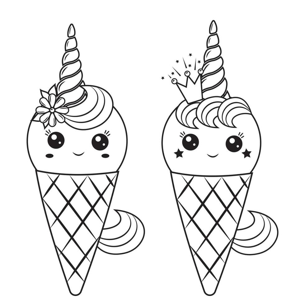 Kawaii unicorn ice cream dessert in a waffle cup, black outline, vector illustration in doodle style.