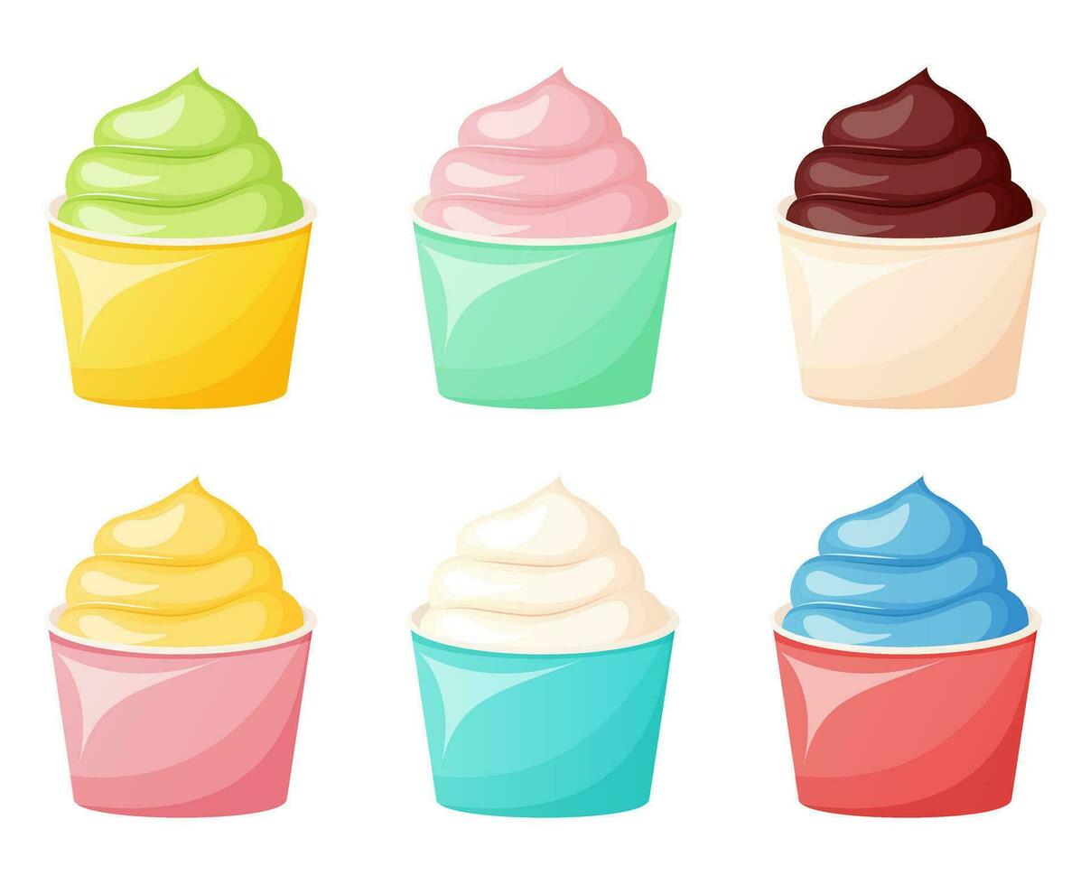 Colorful ice cream in a plastic or paper cup set vector