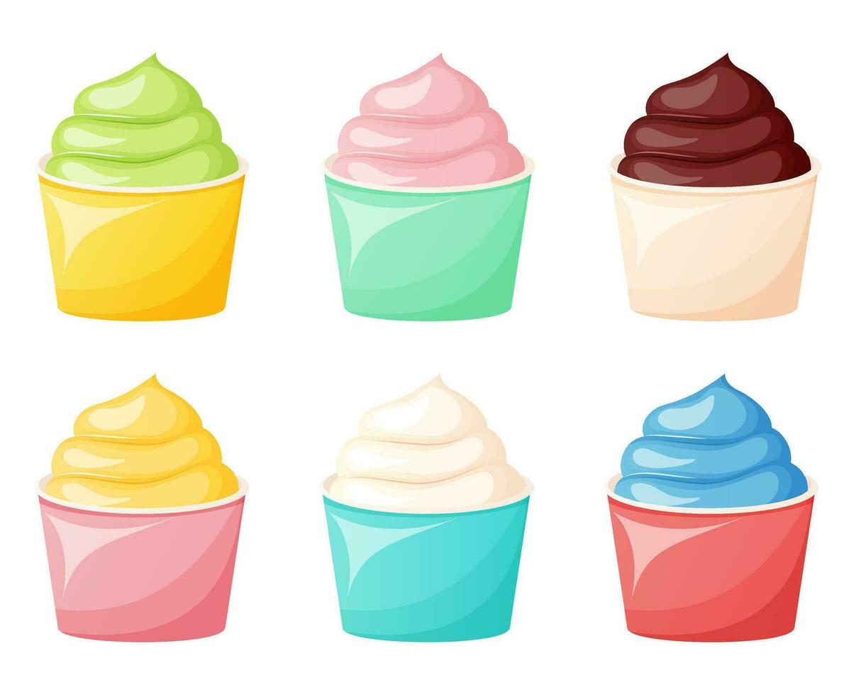 Colorful ice cream in a plastic or paper cup set vector