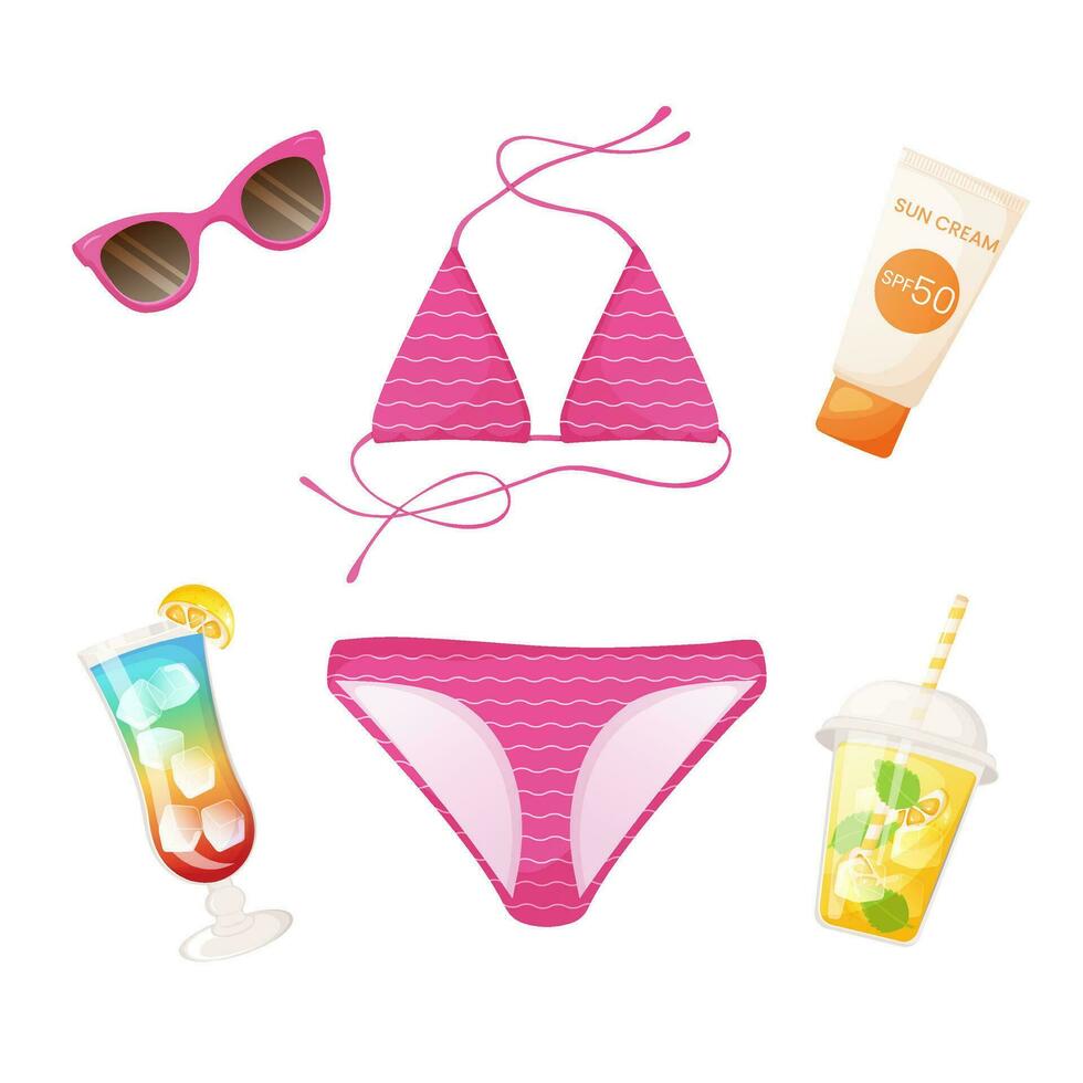 Summer elements set. Swimsuit, sunglasses, sunscreen , summer drinks. vector