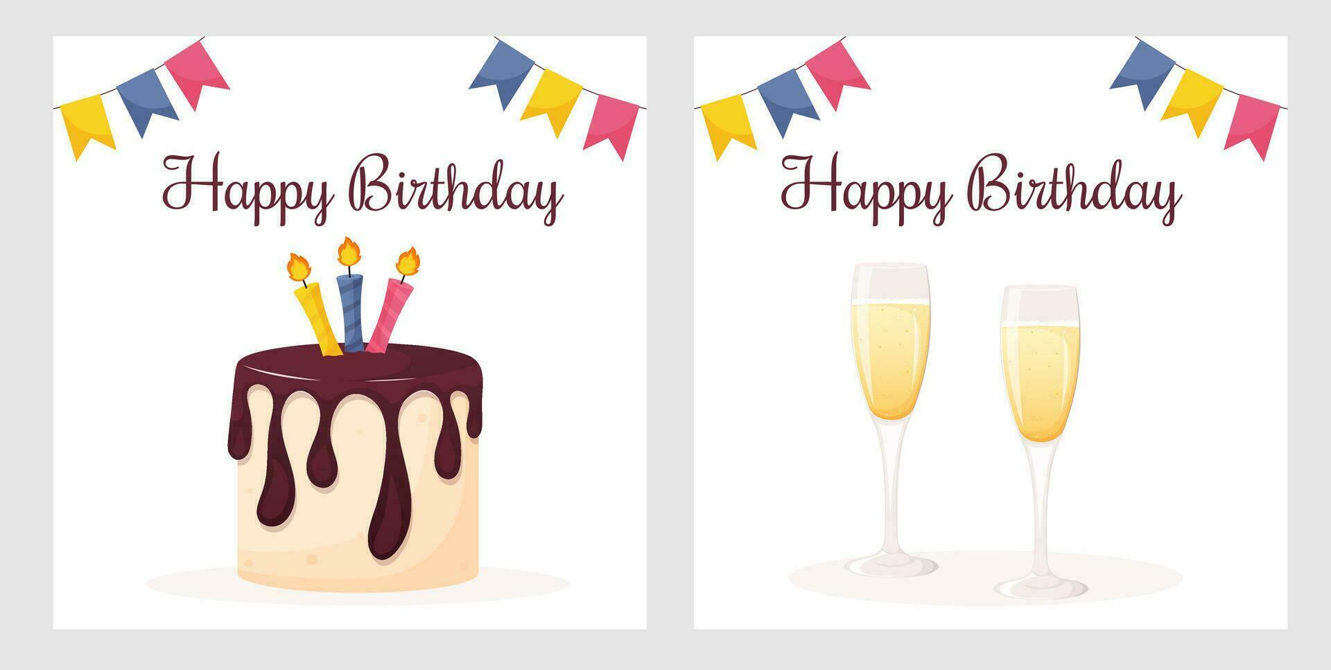 cumpleaños tarjeta conjunto con pastel y dos champán lentes. vector