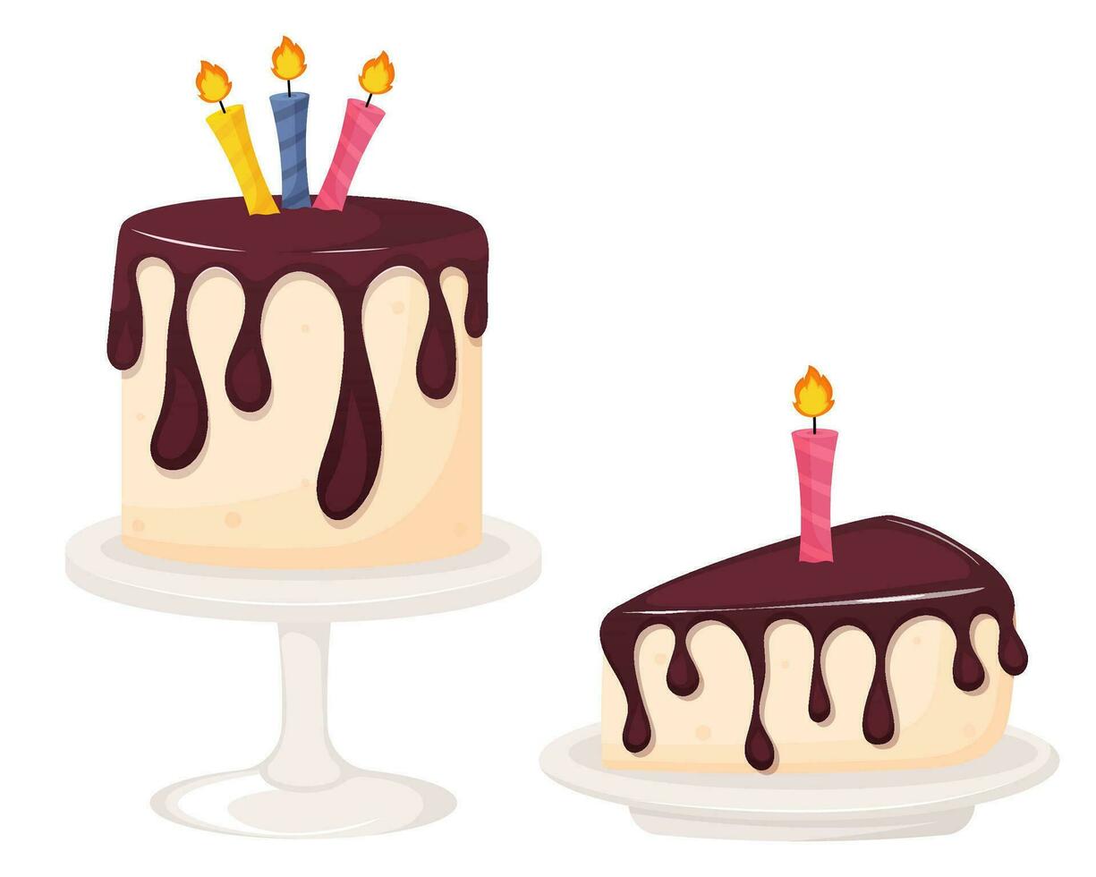 Birthday cake on a stand with piece of cake on a plate decorated with candles. vector