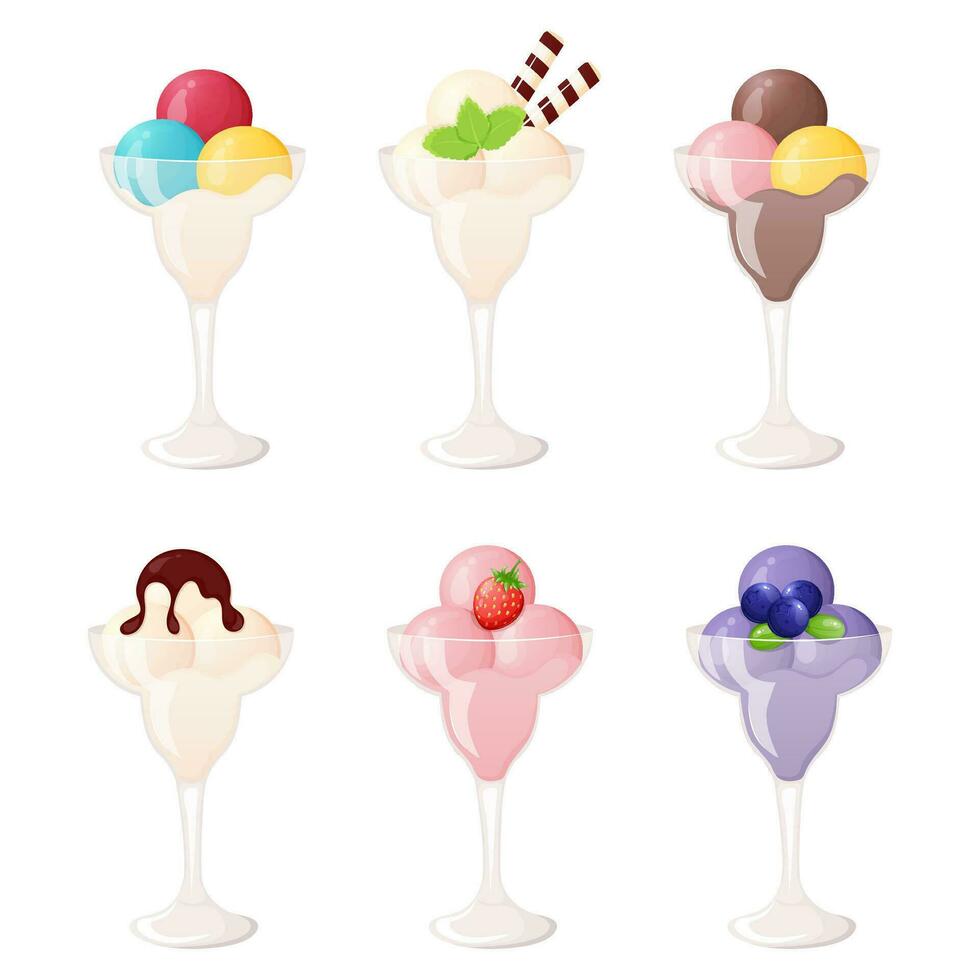 Different flavor ice cream balls in a glass decorated  with mint, waffle, chocolate and berries. vector