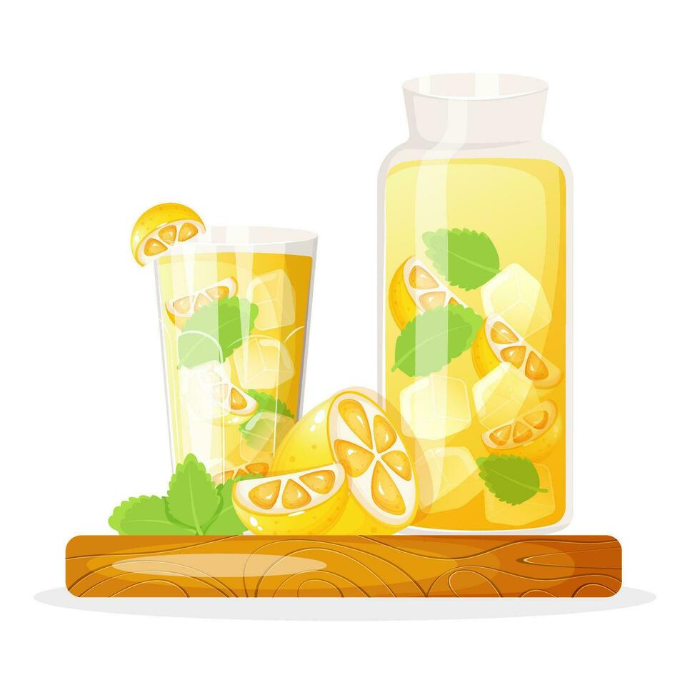 Lemonade in a glass cup and jar standing on cutting board decorated with mint and lemon. vector