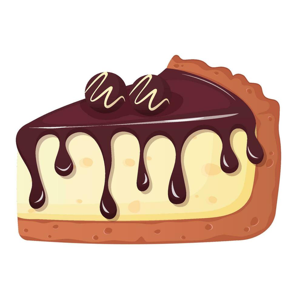 Cheesecake slice decorated with chocolate candy. Sweet pastries isolated on white background. vector