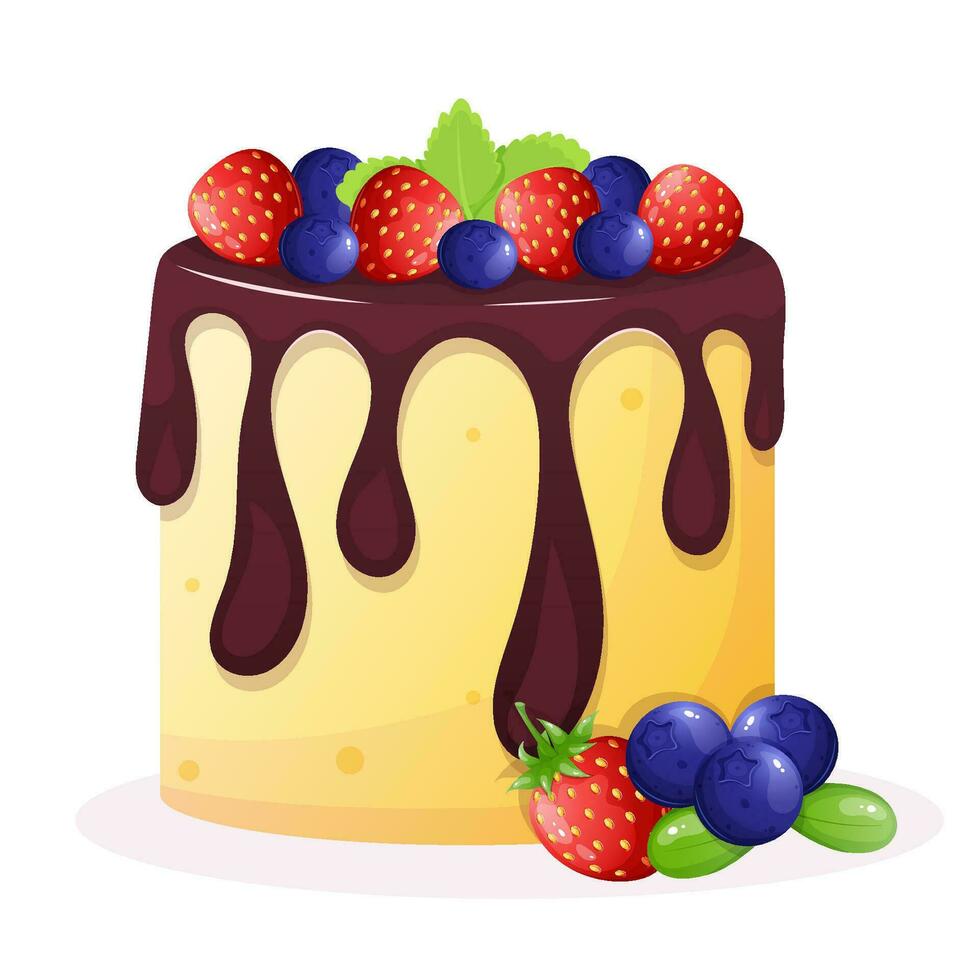 cake with chocolate cream , strawberry and blueberry decorated with mint. vector