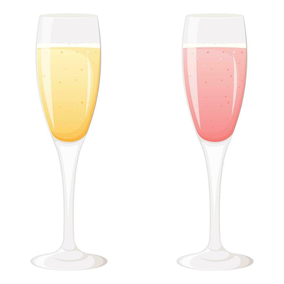 Pink and classic glass of champagne isolated on white background. vector