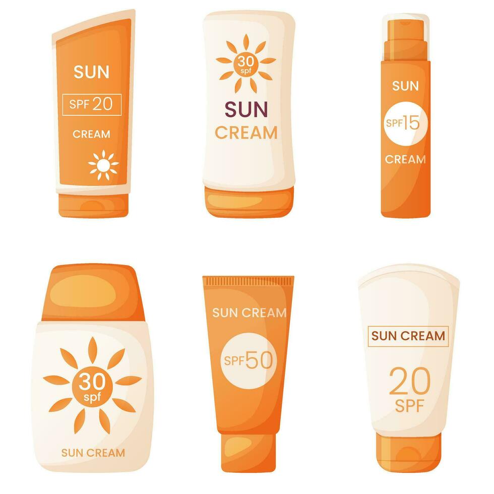 Sun protection cream in a different packaging. Sunscreens set. vector